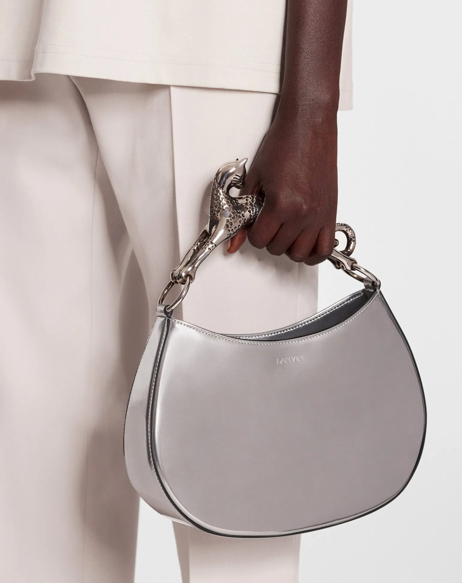 Lanvin Hobo cat bag in metallic leather Silver Store