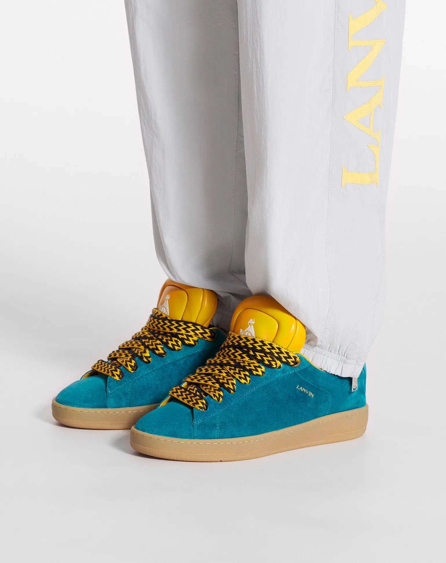 Lanvin x future hyper curb sneakers in leather and suede for men Blue/yellow Clearance