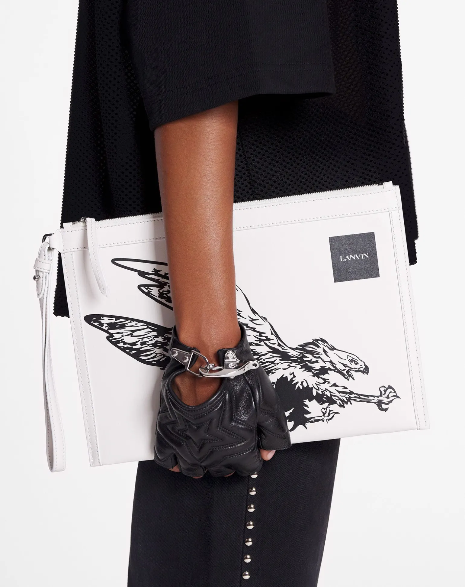 Lanvin x future leather clutch with eagle print Whitemustang/black New