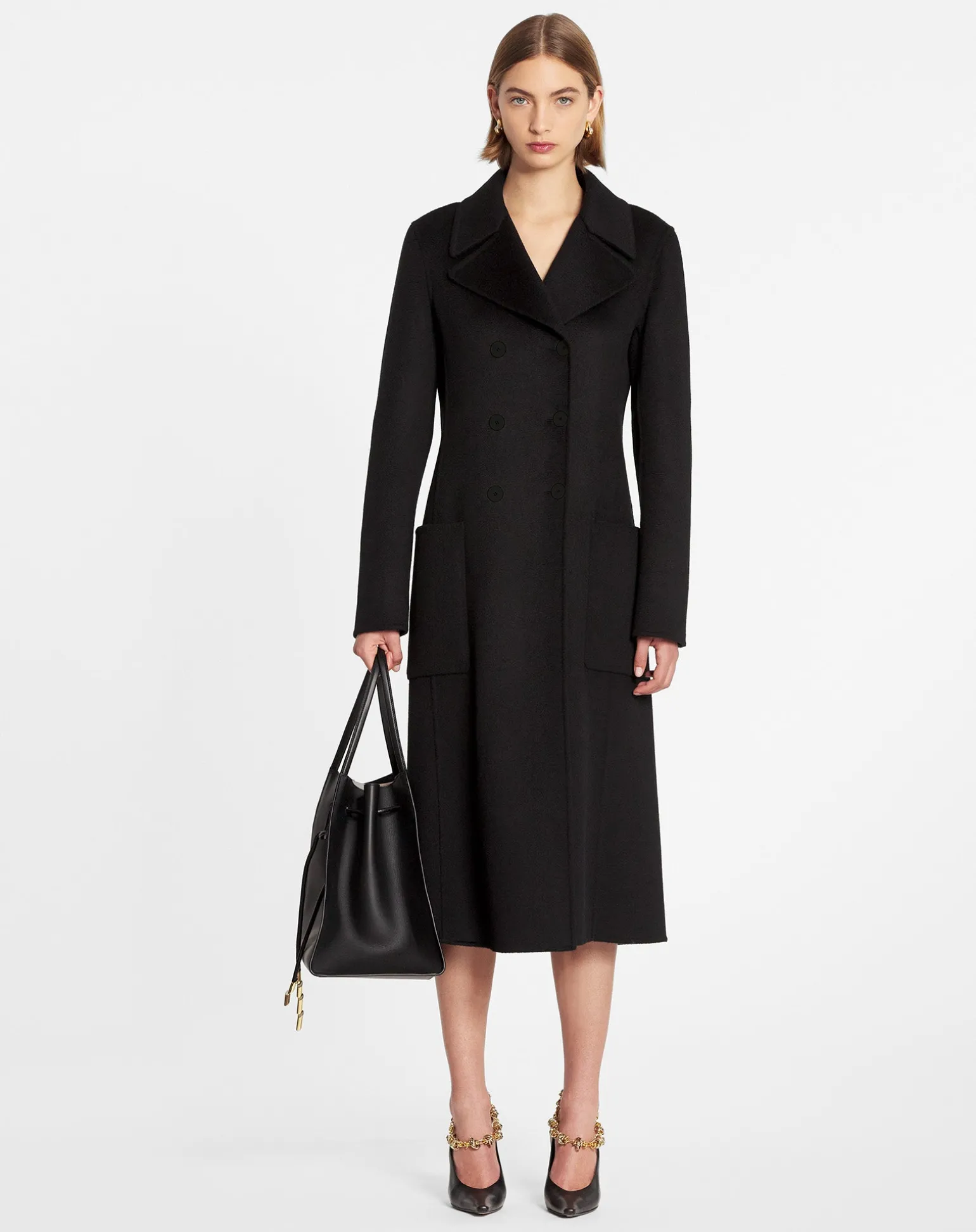 Lanvin Long coat in double-faced cashmere Black Flash Sale